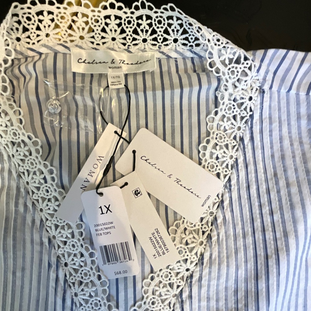 Chelsea & Theodore Woman Blue White Striped Lace Trim Tunic Top 1X Cottagecore - Picture 8 of 11